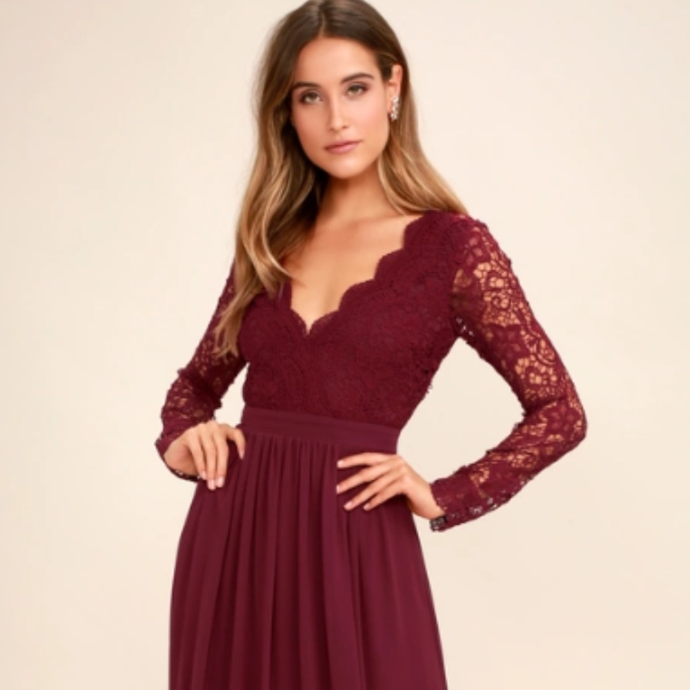 AWAKEN MY LOVE BURGUNDY LONG SLEEVE LACE MAXI